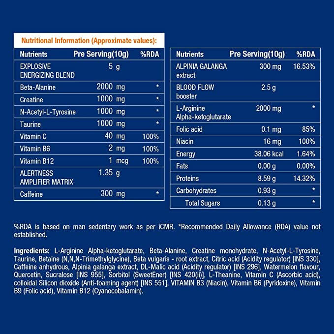 Fast&up Pre-workout fitkart Supplement Fact