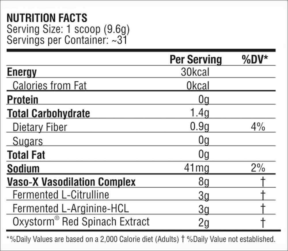Procel VasoX PreWorkout Supplement Fact